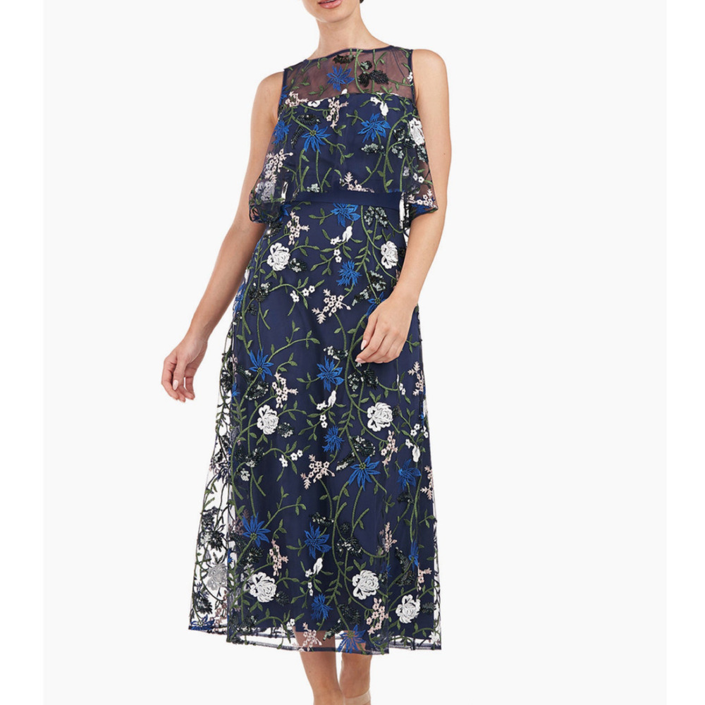 JS Collections Amira Popover Tea Dress 2 XS Floral Embroidered Midi Sequin Navy - Picture 3 of 13